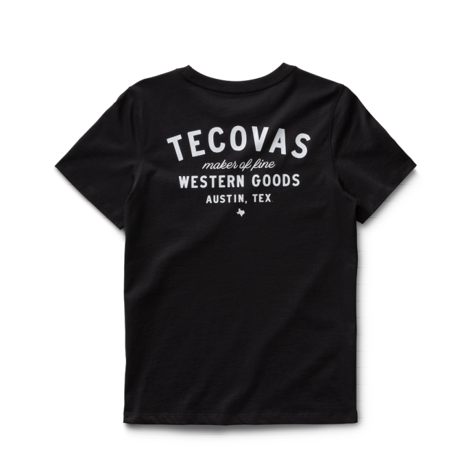 Black T-shirt featuring "Tecovas, Maker of Fine Western Goods, Austin, Tex" printed in white on the back.