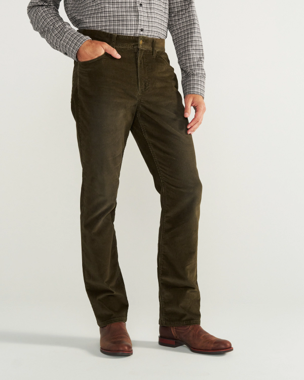 Front view of Men's Slim Straight Stretch Corduroy - Dark Olive on model