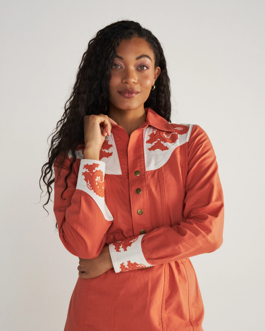 Closeup detail view of Women's L/S Applique Mini Dress - Ginger Spice / Cloud