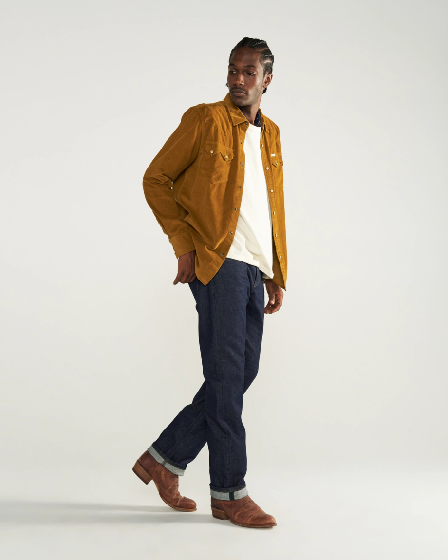 Closeup detail view of Men's Texas Weight Corduroy Pearl Snap - Bronze
