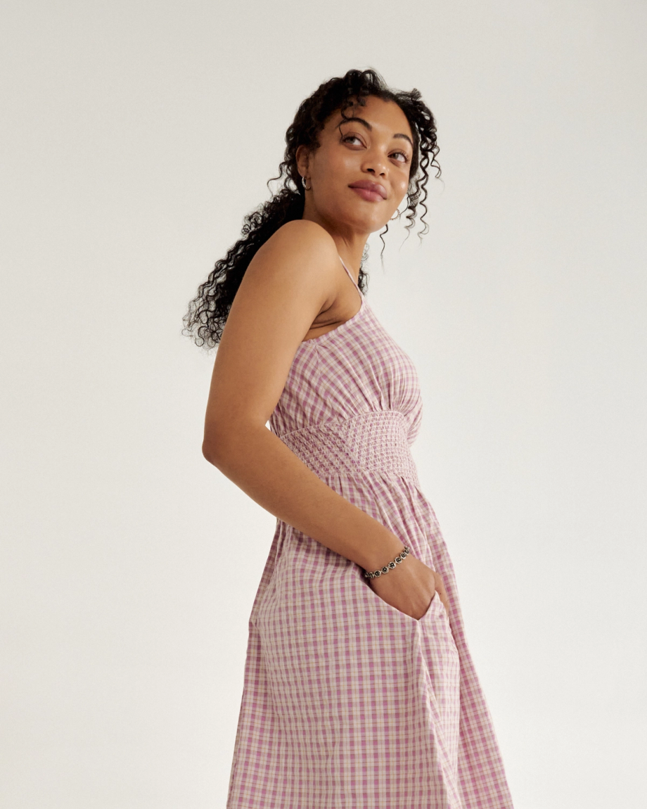 Front view of Women's Tank Tiered Midi Dress - Purple Cotton on model