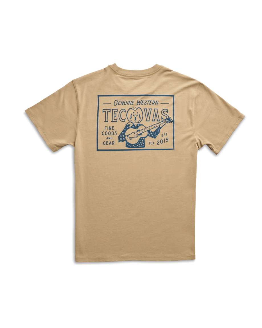 Back view of Men's Guitar Fine Goods Tee - Khaki / Blue on plain background