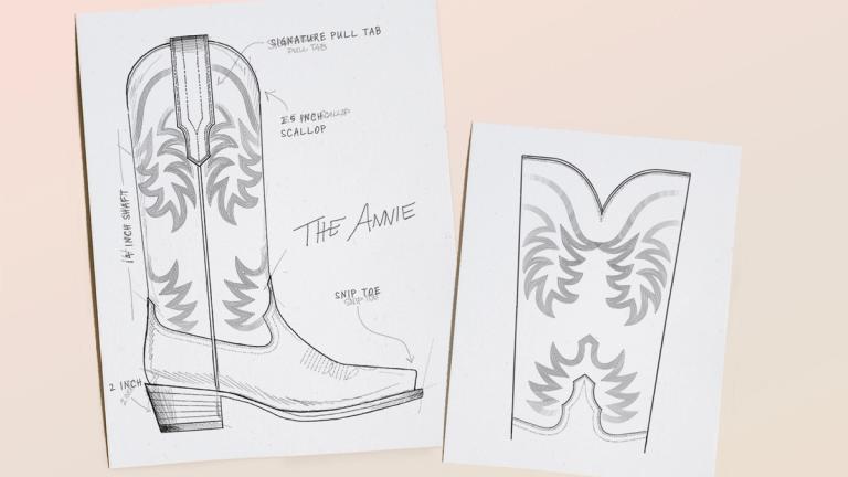 A drawing of a cowboy boot (The Annie) on a piece of paper.