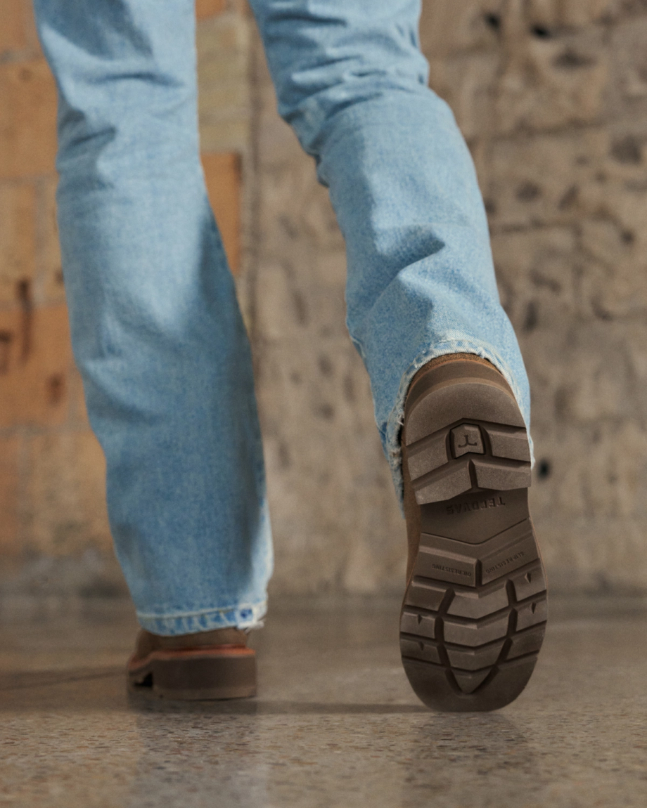 Toe view of LongHaul Waterproof Square Soft Toe Work Boot with Temp Control - Earthstone Cowhide on plain background