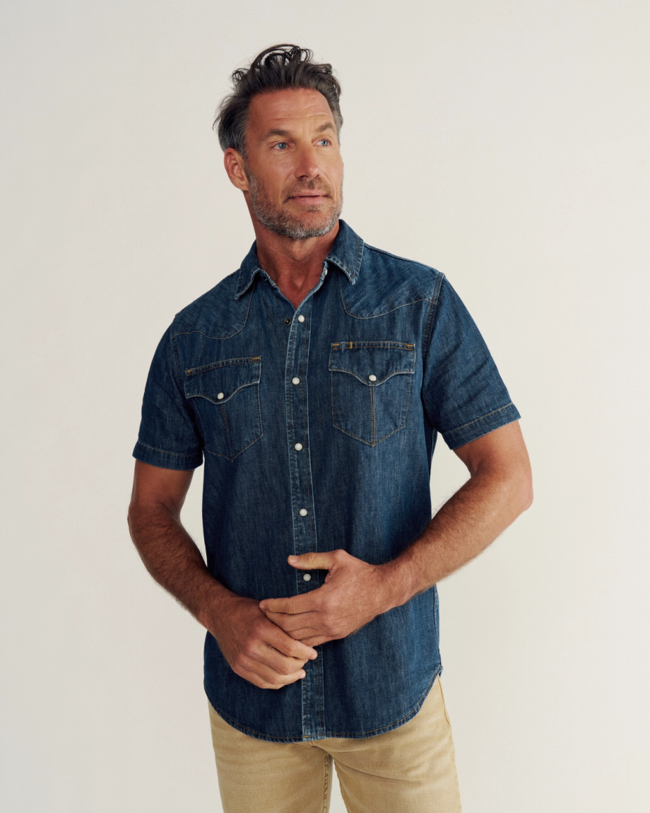 Closeup detail view of Men's Denim Short Sleeve Pearl Snap - Dark Wash