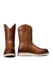 The Knox in Wheat Cowhide. A pair of The Knox Cowhide brown leather pull-on boots with white soles, one boot facing forward and the other angled to show the side profile.