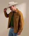 Front view of Men's Goat Suede Sawtooth Overshirt - Tan on model