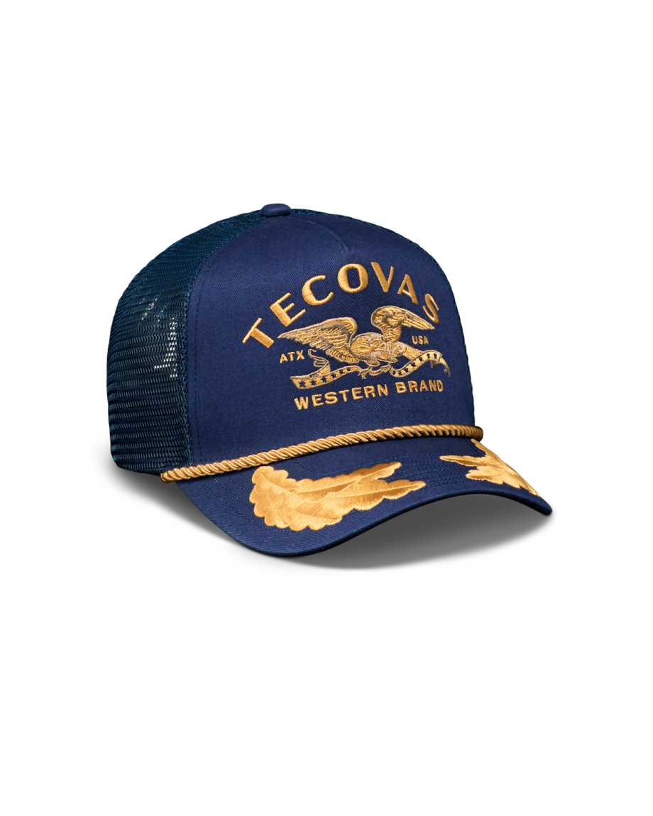 Quarterfront view of Eagle Western Brand 5 Panel High Pro Trucker - Navy on plain background