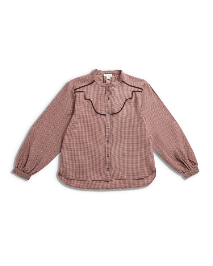 Front view of Women's Mini Seersucker Blouse - Burgundy / Pink on plain background