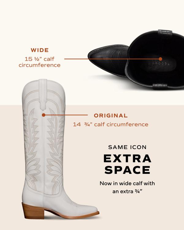 Image comparing two white cowboy boots: the original with a 14 ¾” calf circumference and a wide version with a 15 ½” calf circumference, both shown from side and top views.