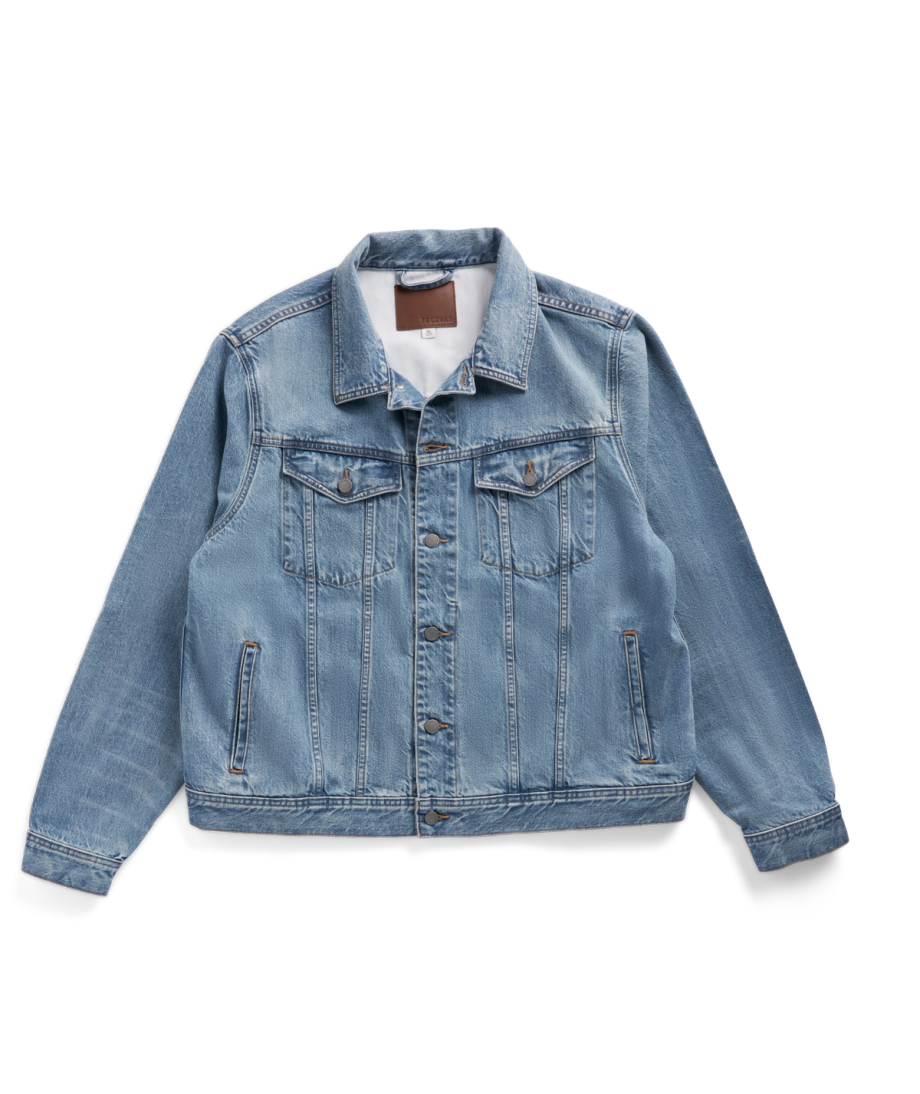 Front view of Men's Classic Denim Trucker Jacket - Acid Wash on plain background