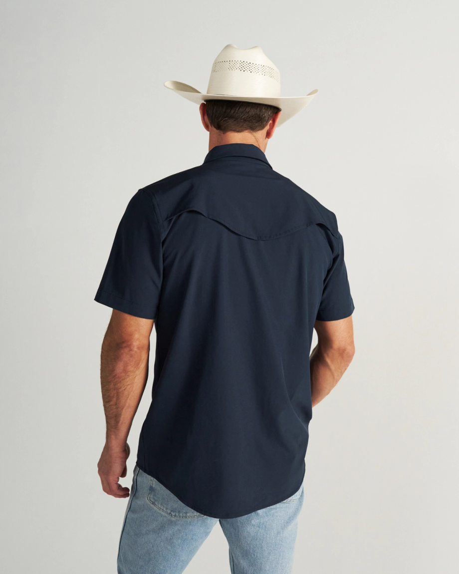 Closeup detail view of Men's Performance Western Pearl Snap SS - Navy
