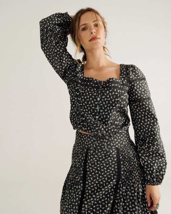 Front view of Women's Long Sleeve Cotton Poplin Top - Black / White on model
