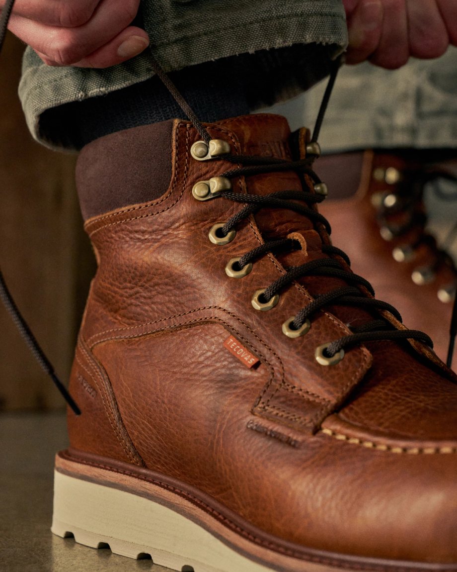 Toe view of The LH WP Moc Comp Toe Work Boot - Saddle Cowhide on plain background