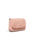 A small, light pink textured clutch purse with a flap closure, shown against a plain white background.