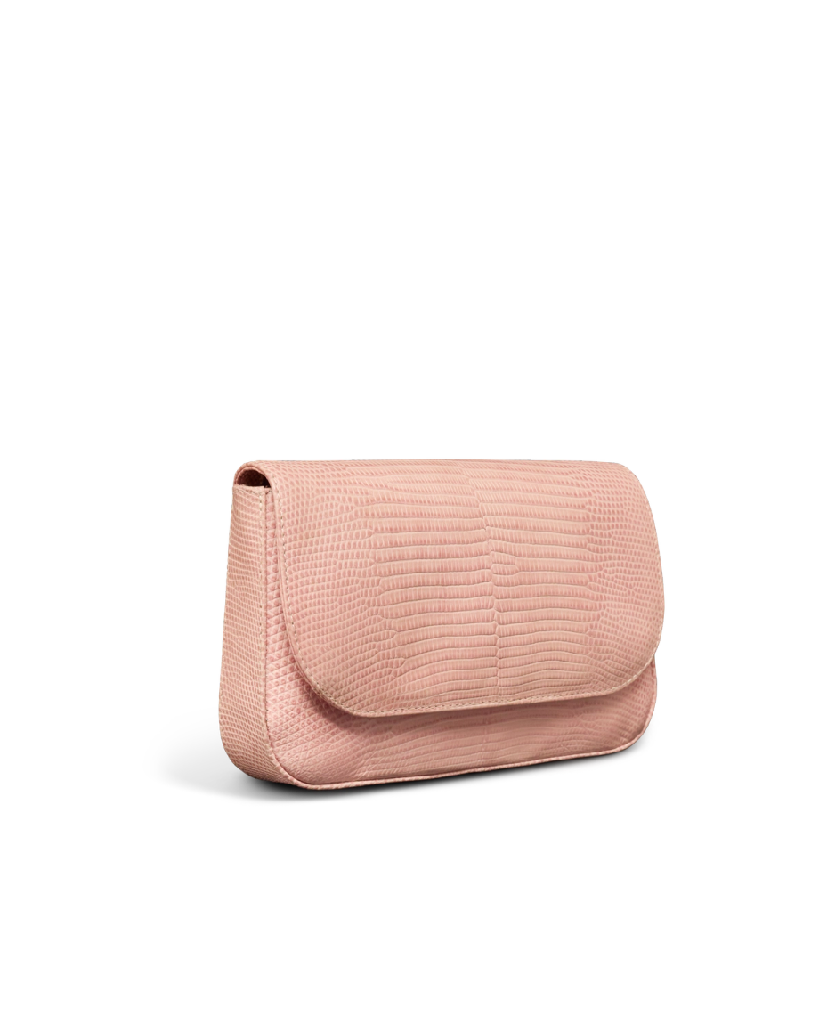 A small, light pink textured clutch purse with a flap closure, shown against a plain white background.