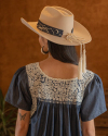 Back view of Mi Golondrina Hat Band - Blue/White on model