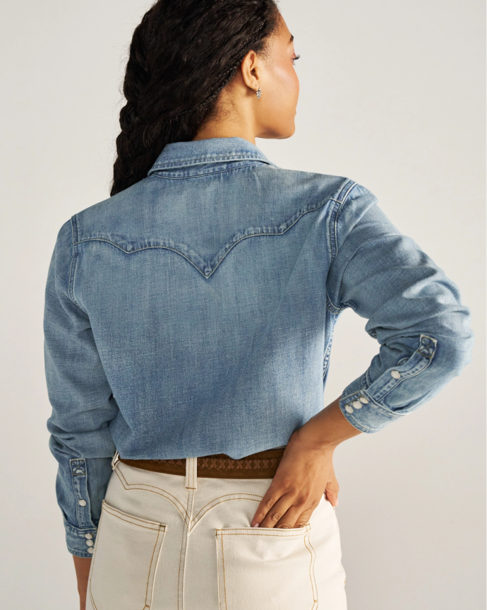 Closeup detail view of Women's Denim Pearl Snap - Light Wash