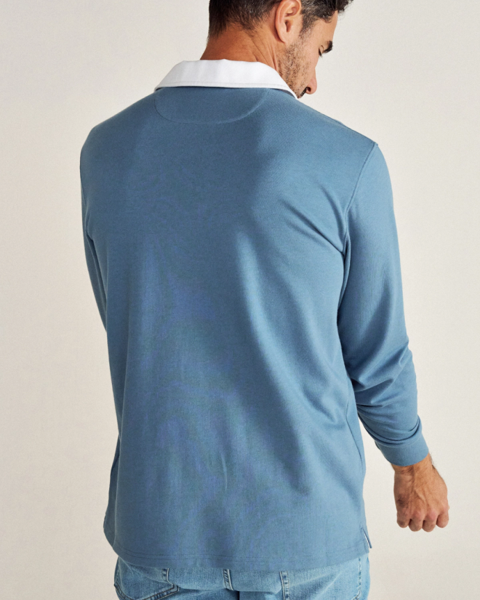 Closeup detail view of Men's Long Sleeve Polo - Blue