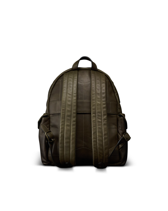 Back view of Men's Leather Backpack - Dark Olive on plain background