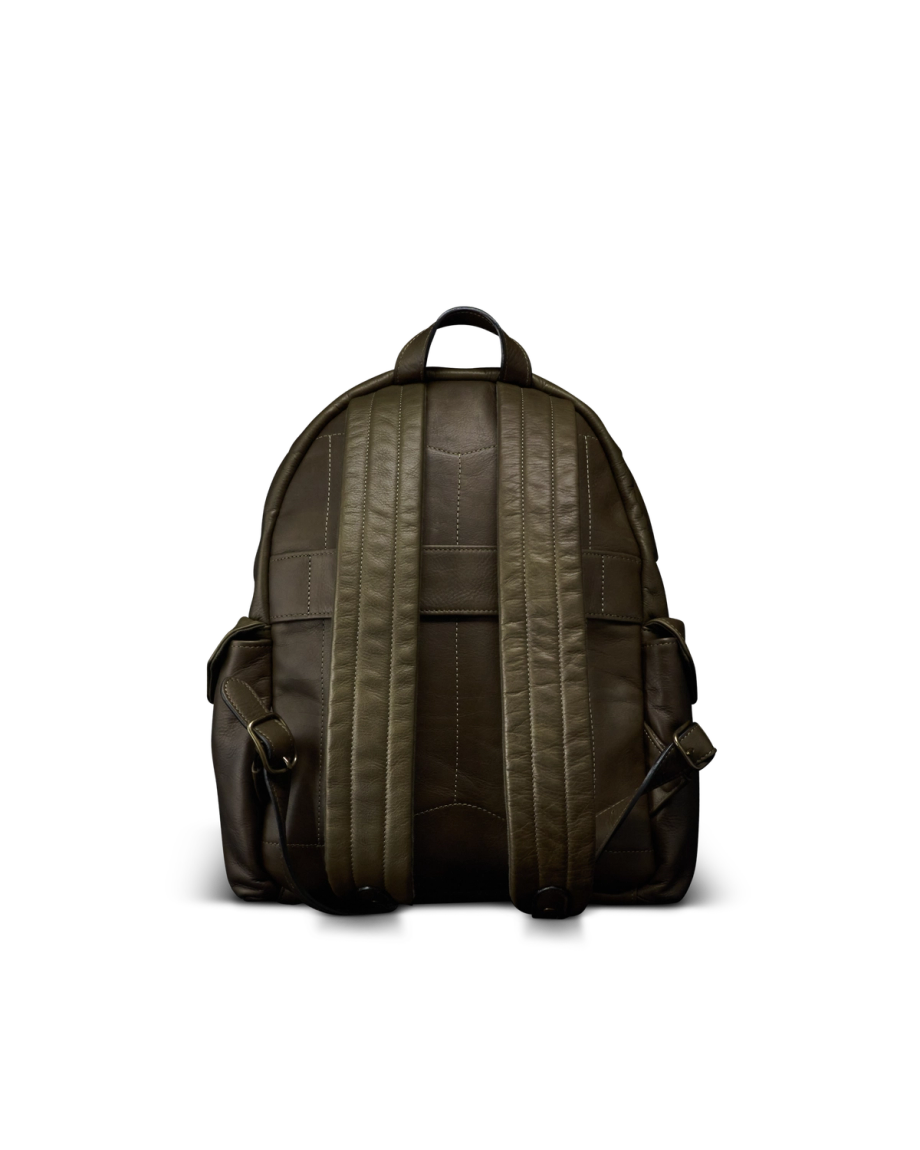 Back view of Men's Leather Backpack - Dark Olive on plain background