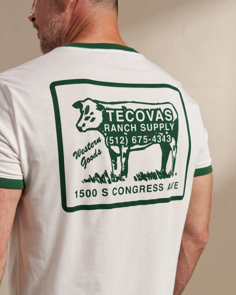 Back view of Men's Tecovas Ranch Supply Ringer Tee - Bone/Green on model