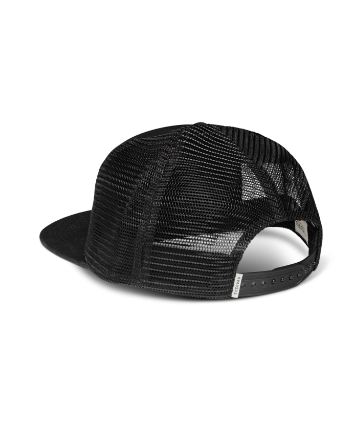 Quarterback view of Tecovas Patch Flat Brim 6 Panel Trucker - Black on plain background