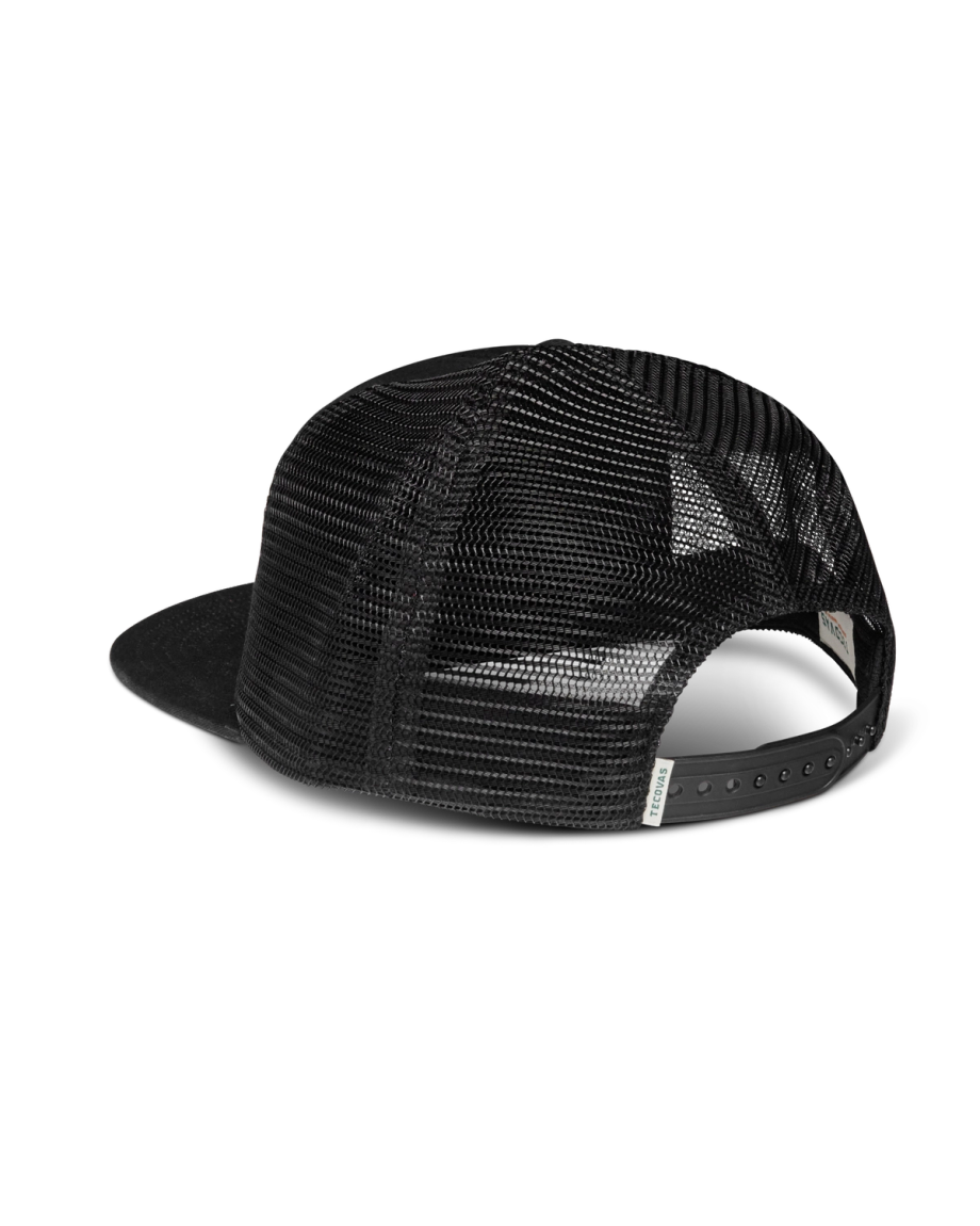 Quarterback view of Tecovas Patch Flat Brim 6 Panel Trucker - Black on plain background