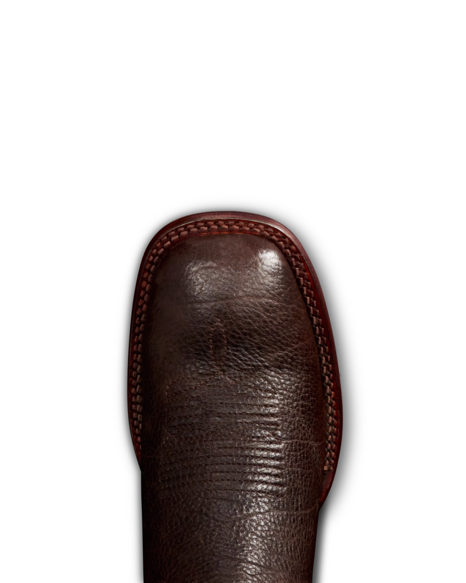 Toe view of The Doc - Chocolate / Crimson Bison on plain background