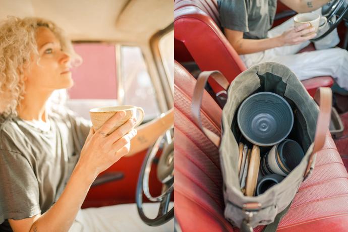 woman driving in her car drinking coffee