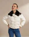 Front view of Women's Puffer Jacket - Cream on model