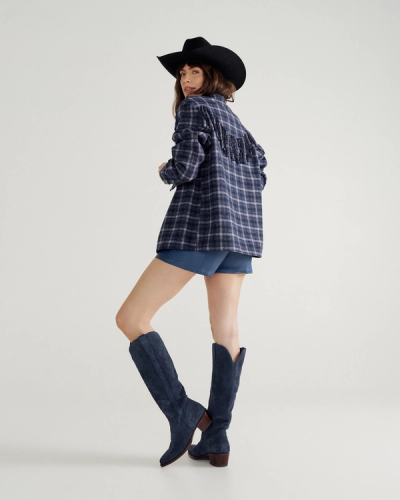 Now showing image 1 of 7: Closeup detail view of Women's Plaid Fringe Shacket - Navy / Mauve
