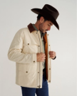 Front view of Men's Ranch Coat - Ivory / Saddle on model