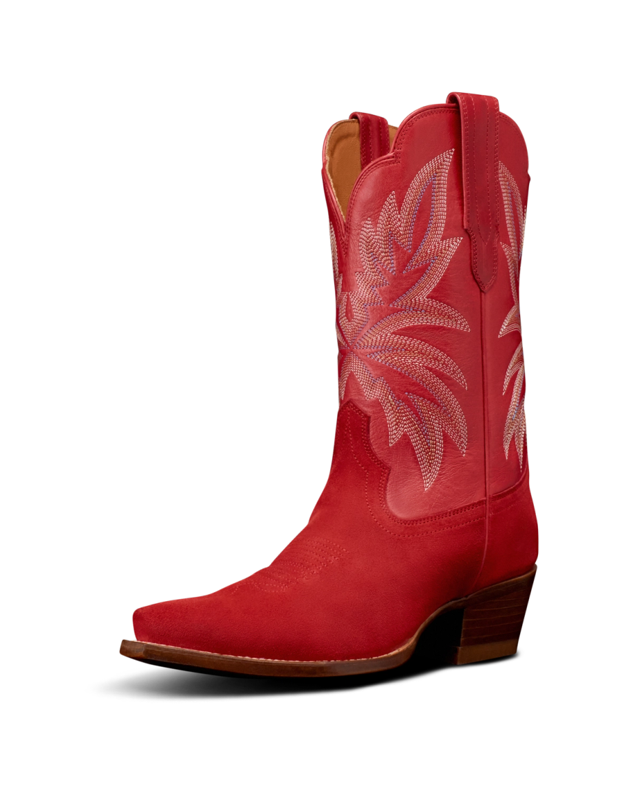 Quarterfront view of The Sadie - Barn Red Suede on plain background