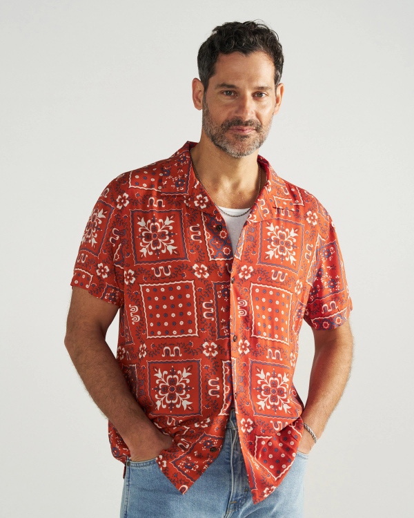 Front view of Men's Lakeside Camp Shirt - Terracotta/Multi on model