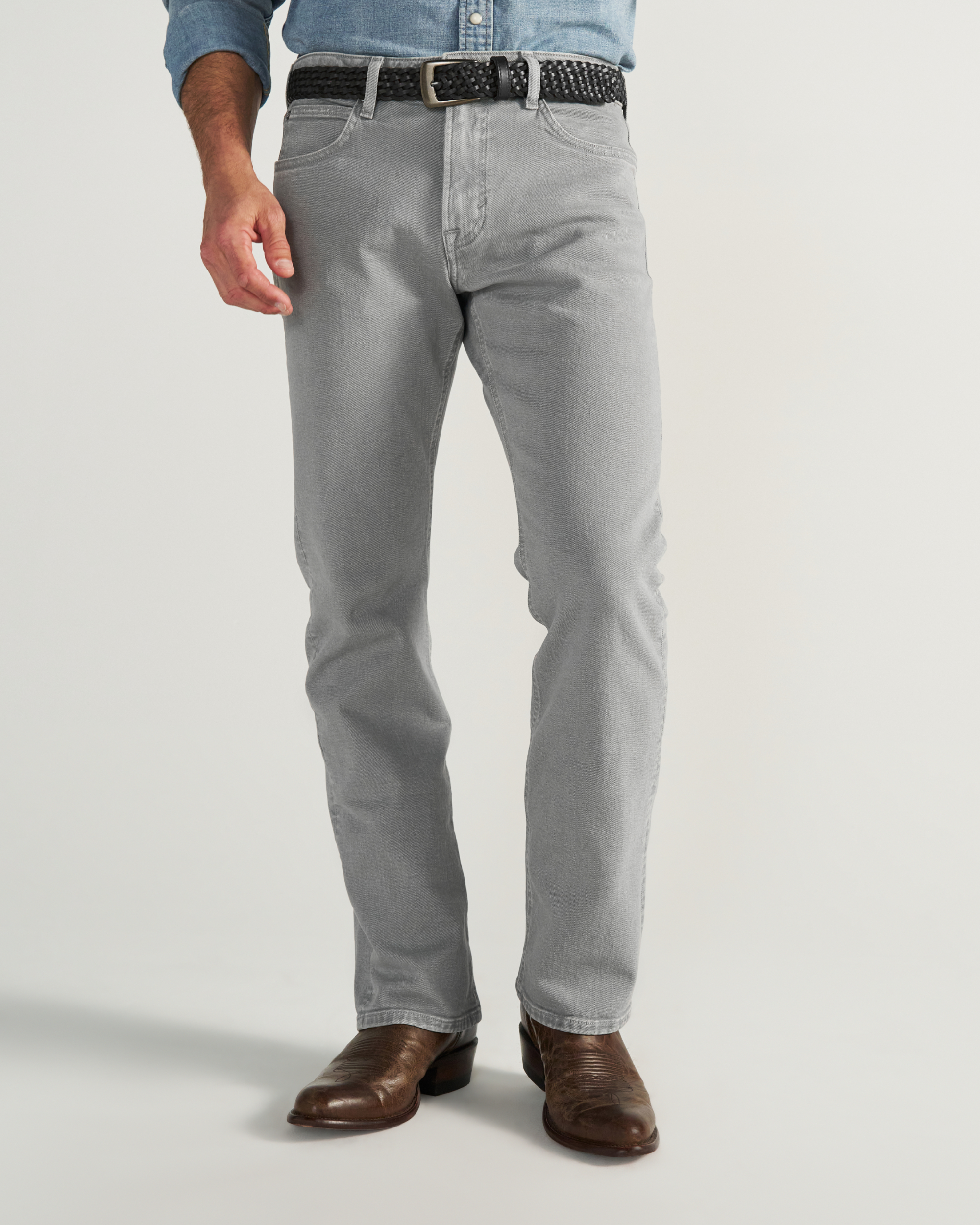 Front view of Men's Slim Straight Stretch Twill - Light Gray on model