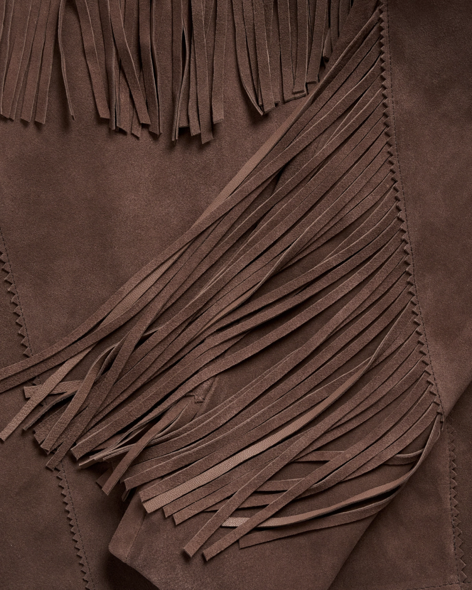Closeup detail view of Women's Suede Fringe Jacket - Chocolate Brown