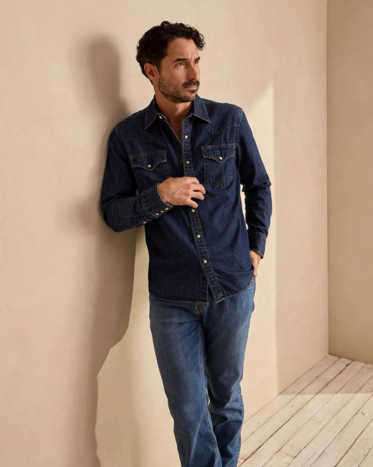 Pearl snap denim shirt mens discount