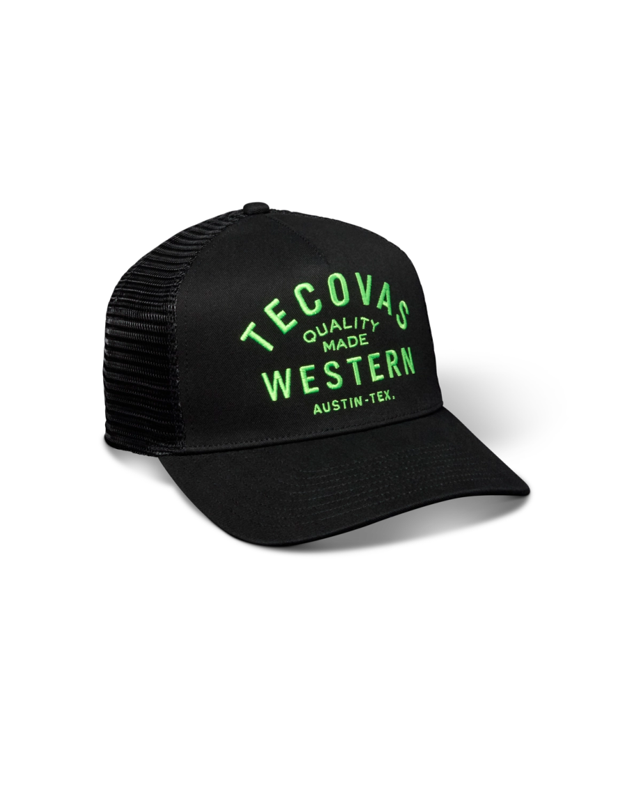 Quarterfront view of Quality Made Western Five-Panel Trucker Hat - Black / Gamblers Green  Black/Gamblers Green Cotton/Polyester on plain background