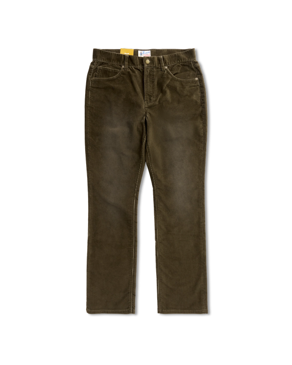 Front view of Men's Slim Straight Stretch Corduroy - Dark Olive on plain background