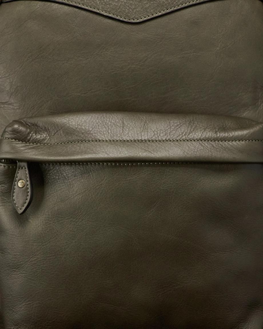 Closeup detail view of Men's Leather Backpack - Dark Olive