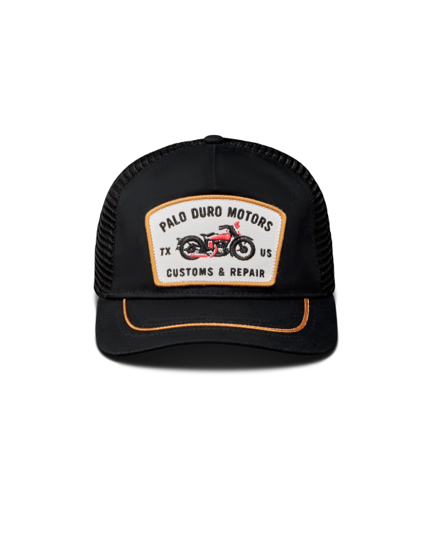 Front view of Palo Duro Motors 5 Panel Low Pro Trucker - Black on plain background