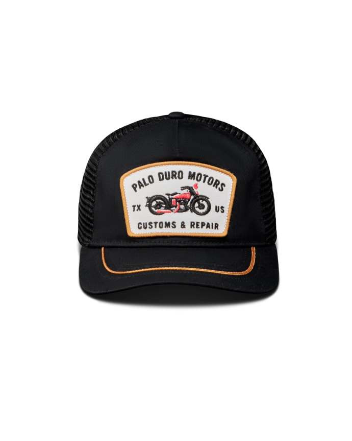 Front view of Palo Duro Motors 5 Panel Low Pro Trucker - Black on plain background