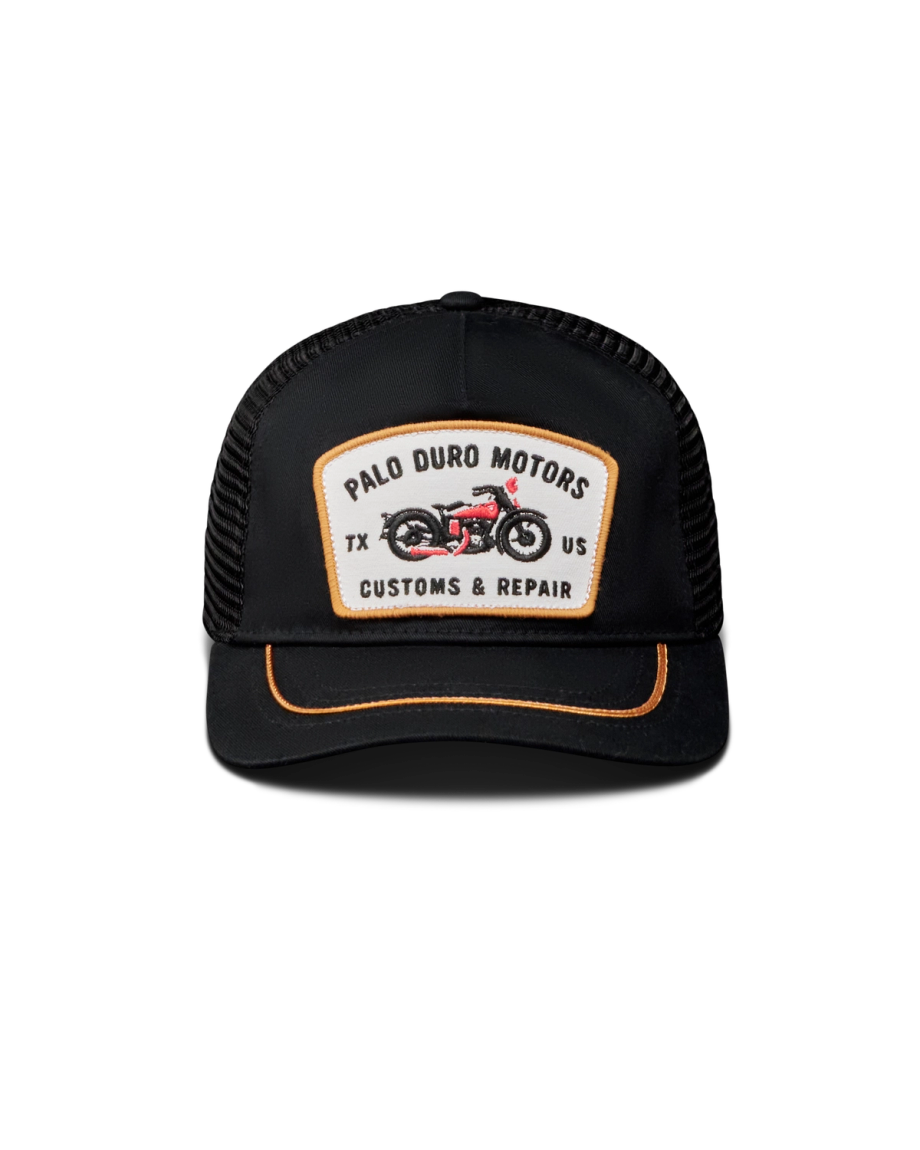 Front view of Palo Duro Motors 5 Panel Low Pro Trucker - Black on plain background