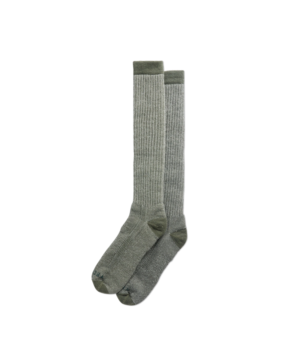 Quarterfront view of Over the Calf Merino Wool Socks (2-Pack) - Olive on plain background