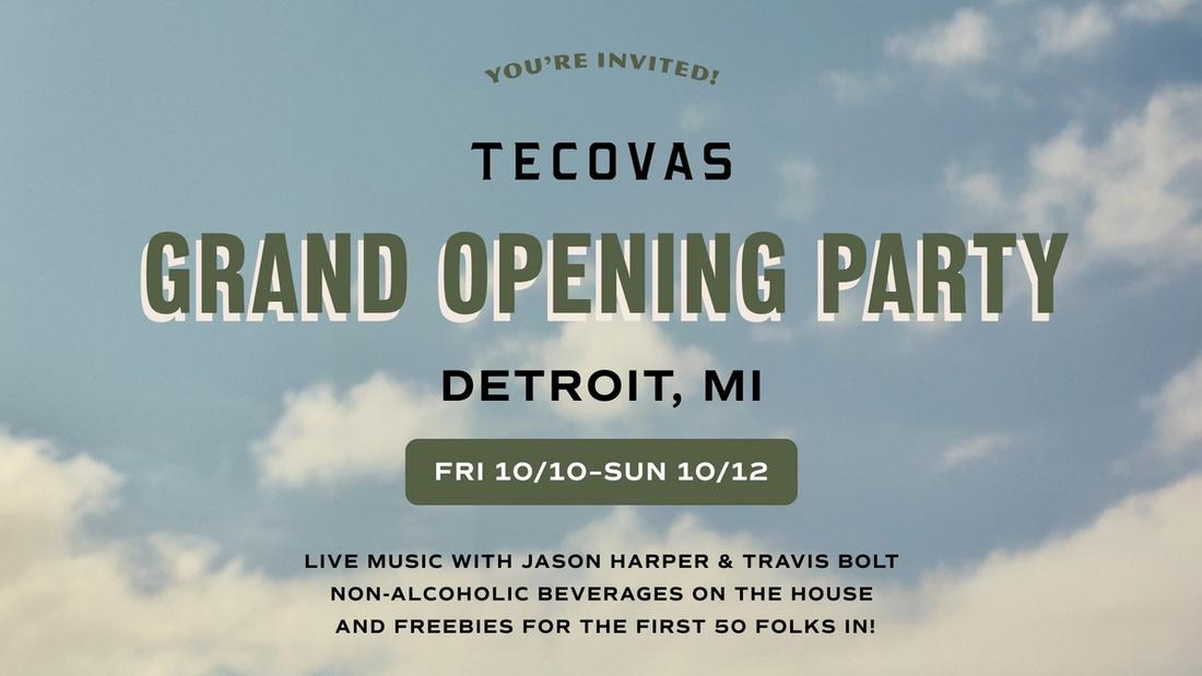 Invitation graphic for Tecovas Grand Opening Party in Detroit, MI, from Friday 10/3 to Sunday 10/5, featuring live music, beverages, and early attendee freebies. Blue sky with clouds in background.