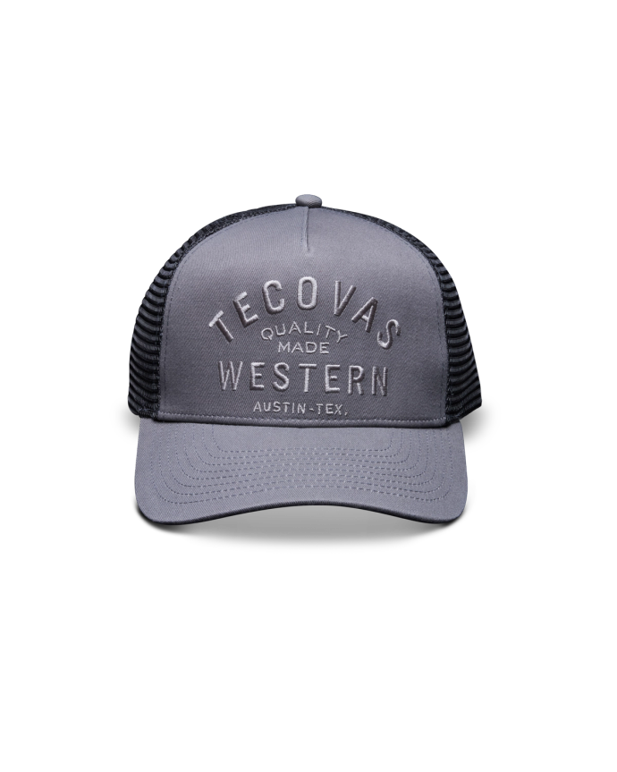 Front view of Quality Made Western Five-Panel Trucker Hat - Gray on plain background