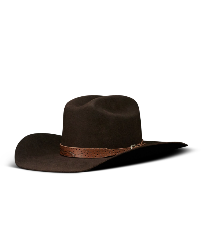 Quarterfront view of Cattleman Birthday X Hat - Dark Brown on plain background