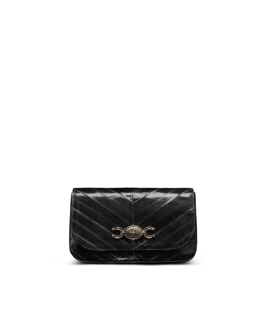 Front view of Eel Concho Clutch - Midnight on plain background