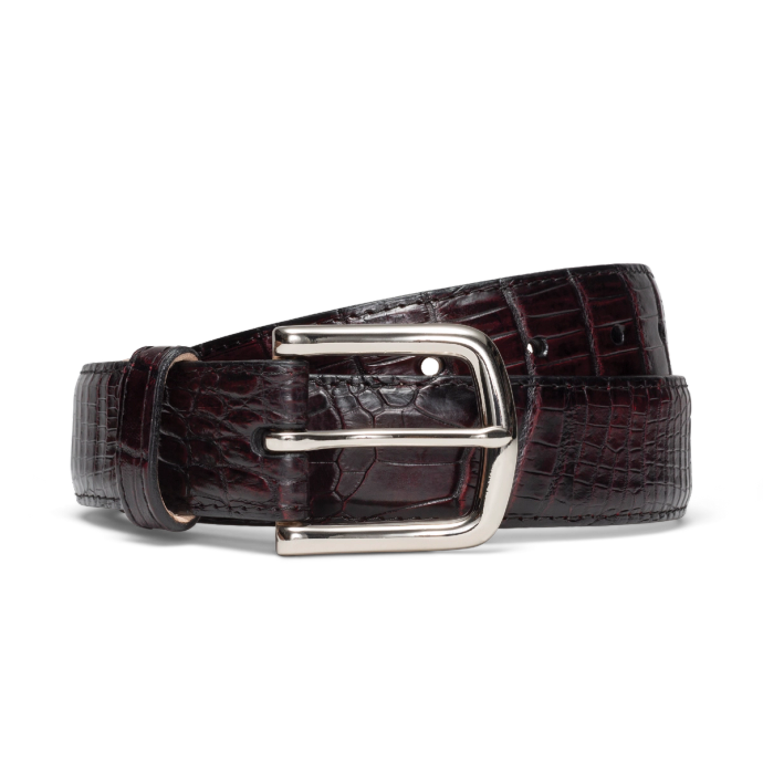 Front view of Men's Crocodile Belt - Black Cherry on plain background